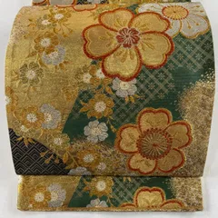 【在庫一掃】 袋帯 秀品 関西仕立て 桜 幾何学模様 金銀糸 箔 金色 六通 正絹 【中古】