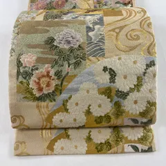 【在庫一掃】 袋帯 秀品 扇面 菊 刺繍 金糸 金色 六通 正絹 【中古】