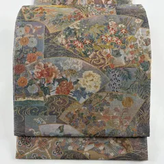 【在庫一掃】 丸帯 逸品 扇面 草花 箔 金糸 灰紫 お太鼓柄 正絹 【中古】