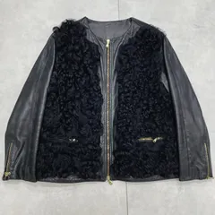 ◎50 CINQUANTA　チンクワンタ　レザージャケット　ムートン　ノーカラー　カーリーファー　ラムレザー　切替　ブラック　イタリア製　レディース　38　a00875のサムネイル