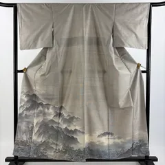 【在庫一掃】 付下げ 身丈158.5cm 裄丈64cm M 袷 大島紬地 都喜ヱ門 風景 山 灰色 正絹 逸品 【中古】