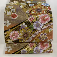 【在庫一掃】 袋帯 美品 名品 桜 菊唐草 唐織 金糸 金茶 六通 正絹 【中古】