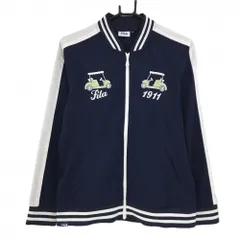 【超美品】フィラゴルフ ジャケットブルゾン ネイビー×白 ネック・袖ライン カート刺しゅう 薄手 レディース L ゴルフウェア FILA GOLF