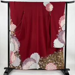【在庫一掃】 振袖 身丈157cm 裄丈63cm S 袷 雪輪 桜 金銀彩 えんじ色 正絹 名品 【中古】