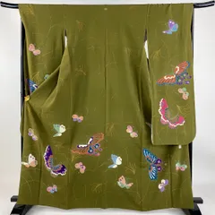 【在庫一掃】 振袖 身丈165cm 裄丈65.5cm M 袷 辻村ジュサブロー 落款 蝶 ススキ 金彩 茶緑色 正絹 逸品 一つ紋 【中古】