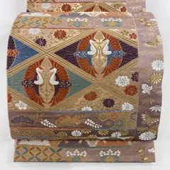 【在庫一掃】 袋帯 秀品 向かい鳥 花唐草 金糸 箔 薄小豆 六通 正絹 【中古】
