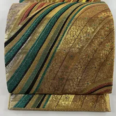 【在庫一掃】 袋帯 美品 秀品 振袖向き 花 幾何学 箔 金糸 金色 六通 正絹 【中古】