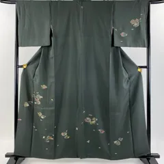 【在庫一掃】 付下げ 身丈160cm 裄丈66cm M 袷 草花 刺繍 金糸 深緑 正絹 秀品 一つ紋 【中古】