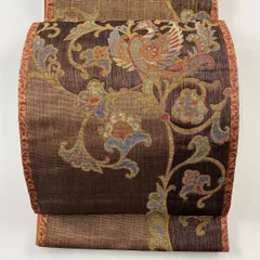 【在庫一掃】 袋帯 秀品 鈴乃屋 鳳凰 花唐草 金糸 茶色 六通 正絹 【中古】