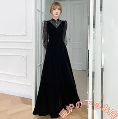 おしゃれロング ドレス パーティードレス 個性的 黒 袖あり 長袖 レース おしゃれ 結婚式 二次会 お呼ばれ演奏会 発表会 大人 かっこいい39678