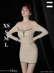 ベージュ [GL4166-BE-2512] 【ROBE de FLEURS Glossy/ローブドフルール グロッシー】 【Glossy/グロッシー】 長袖/ パイピング/ オフショル/ ロングスリーブ/ タイト/ ミニドレス/ キャバドレス[