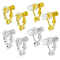 【数量限定】イヤリングコンバーター ネジ式 横型 パール ラインストーン付き ゴールド シルバー 2種4ペア
