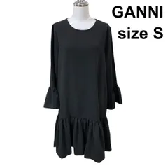 ◆ ガニー GANNI ワンピース ミモレ丈 七分袖 ラウンドネック キャンディスリーブ 袖フリル 裾フリル 黒 S 7号 レディース H5Z037のサムネイル