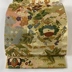 【在庫一掃】 袋帯 美品 秀品 花鳥 松竹梅 唐織 箔 クリーム 六通 正絹 【中古】