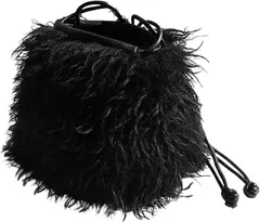 Crossmarbery(クロスマーベリー) 巾着バッグ ミニショルダー レディース 小さめ 可愛い 斜めがけ 白 丸底 秋 冬 手提げ 紐 合皮 軽量 肩掛け ファー おしゃれ キレイめ 通勤 お出かけ 自立 大人 上品 (ブラック)