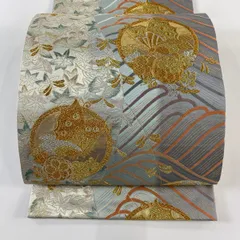 【在庫一掃】 袋帯 美品 秀品 蝶 草花 金銀糸 箔 青灰色 六通 正絹 【中古】