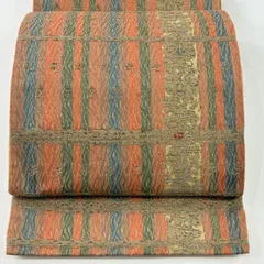 【在庫一掃】 袋帯 秀品 縞 草花 金糸 茜色 六通 正絹 【中古】