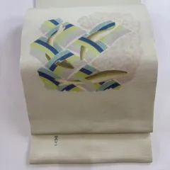 【在庫一掃】 開き名古屋帯 秀品 落款 魚 幾何学模様 薄緑 正絹 【中古】