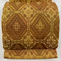 【在庫一掃】 開き名古屋帯 秀品 幾何学模様 金糸 箔 オレンジ 正絹 【中古】