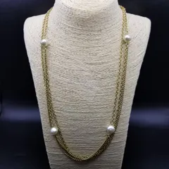 パールチャーム 2連 ロングチェーン ヴィンテージ ネックレス ペンダント ゴールドトーン ファッションジュエリー Y14-N