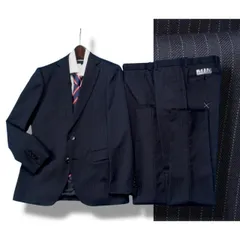 新品 大手百貨店扱い 秋冬総裏 ウール混ギャバジン ストライプ ツーパンツ スーツA6紺(B) 1145872