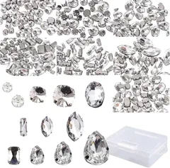 Sweet Plus ラインストーン 台座付き ガラスストーン 透明 ビジュー 縫いつけられる 縫製用ラインストーン アソート しずく オーバル ドレス ジュエリー アクセサリー パーツ ケース付き (12種/合計200個/クリア)