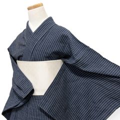 未着用 小紋 紬 単衣 バンブーリネン 縦縞 ネイビー 着物 123b d ms 