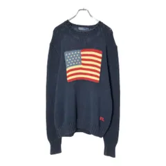 90年代 Polo by Ralph Lauren ポロ ラルフローレン 星条旗 コットンニット セーター ネイビー(メンズ M)中古 古着 V8574