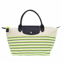 美品 ロンシャン ル プリアージュ マリニエール ボーダー ナイロンキャンバス レザー ホワイト ネイビー ハンドバッグ 0464 Longchamp
