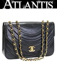 シャネル CHANEL ヴィンテージ マドモアゼル シングルフラップ チェーンショルダーバッグ ラム 黒 1番台 【72911】