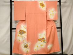 ごＳお仕立て上がり正絹訪問着　薄オレンジ地に花柄　金糸刺繍 Q0846】Sお仕立て上がり正絹訪問着薄オレンジ地に花柄