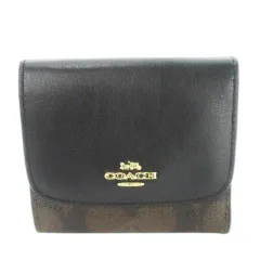 コーチ COACH 二つ折り財布 ウォレット 小銭入れあり フラップ PVC レザー 革 シグネチャー ロゴ 黒 ブラック /CK31 ■GY18