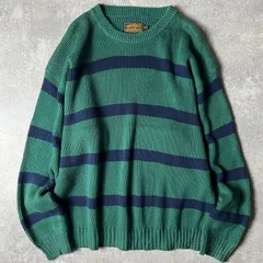 80s 黒タグ Eddie Bauer ボーダー コットン ニット セーター XL / 80年代 ビンテージ エディーバウアー グリーン ネイビー リブ編み
