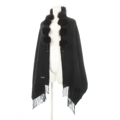 ランバン LANVIN COLLECTION ストール マフラー カシミヤ ブルーフォックス フリンジ 黒 ブラック /AH13 ■GY11のサムネイル