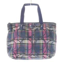コーチ COACH ハンドバッグ ナイロン レザー 革 ラメ シグネチャー チェック ロゴ ポーチ付き 紺 ネイビー /CK5 ■GY18