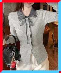 新品 レディース チェックカラー リボン リブニットトップス 着やせ タイト ニット 韓国風 ガーリー 春秋【送料無料】