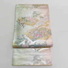 袋帯 地紙文様 緑色ｘ金色ｘ多色 グリーン系 金糸銀糸 六通柄 フォーマル向け 仕立て上がり 着物帯 長さ432cm