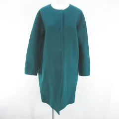 セオリー Theory ノーカラーコート ロング丈 比翼 カシミヤ混 P 緑系 グリーン スナップボタン 毛 ウール 無地