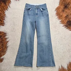 ダブルボタン フルバンディング ハイウエスト ライトブルー ブーツカット デニム パンツ