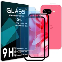 対応 Google Pixel 9A ガラスフィルム ルーライトカット【2+2枚セット- 国産旭硝子素材 】pixel9a フィルム ルーライト(2枚) + レンズ保護フィルム (2枚) ガイド枠付き 強化ガラス ピクセル9a 液晶 保護フィルム 超薄 硬度9