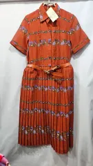 日本製 ヴィンテージ レトロ ONE PIECE 濃い オレンジ 小花 プリント プリーツスカート sh1