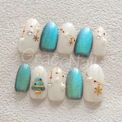 No.1151 現品販売！ネイルチップ　マグネット/グリーン/クリスマス