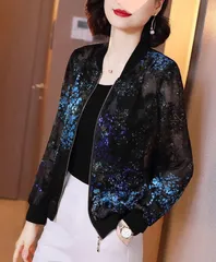 特価ブルゾンレディースカーディガン夏UVカット長袖羽織レースジャケットアウタージャケットMA1ノーカラーレースシースルーブラック黒キラキラ225588
