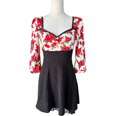 【タグ付き未使用品】CECIL McBEE セシルマクビー 花柄 ニット切替 ワンピース M 黒×赤 フラワー パール付き 上品 かわいい