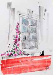 原画#33 黒猫 雨 花 パリ フランス 水彩画 ドローイング インテリア