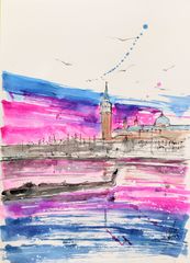 原画#33 黒猫 雨 花 パリ フランス 水彩画 ドローイング インテリア