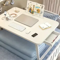 【多機能折りたたみテーブル】収納引き出し&カードスロット&カップホルダー付!ベッド/PC作業/学習に!コンパクトデスク ローテーブル【ホワイト】