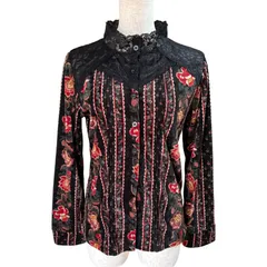 a.v.v MICHEL KLEIN PARIS 花柄ベルベット調 ブラウス シャツ レース襟 長袖 黒×赤 刺繍 上品 エレガント ゴシック フェミニン M相当  アー・ヴェ・ヴェ ミッシェルクラン