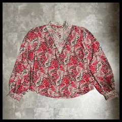 ペイズリー柄 レース刺繍 ブラウス 2XL エスニック 赤系 大きいサイズ 体型カバー