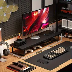 【高さ調節可能】エルゴノミック コンピューターデスク 木製 拡張キーボードトレイ&収納棚付き 在宅ワーク/ゲームに最適 天然木使用 デスク【選べる4色】【ブラック】